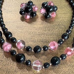 Vintage Black & Pink Beaded Necklace/Earring Set from Germany, circa mid-1940’s